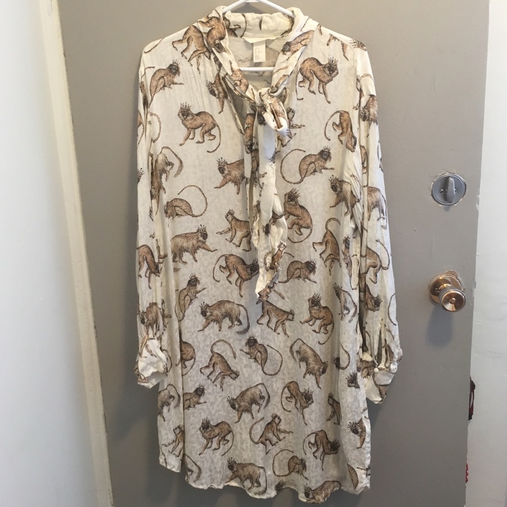 Monkey print shirt-dress with front tie collar